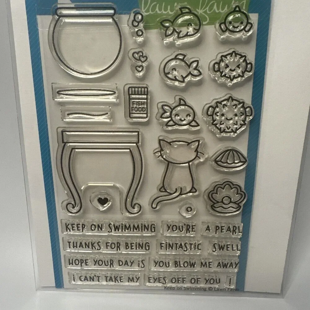 Lawn Fawn Clear Stamp Set Keep On Swimming Cat Fish tank aquarium sentiments